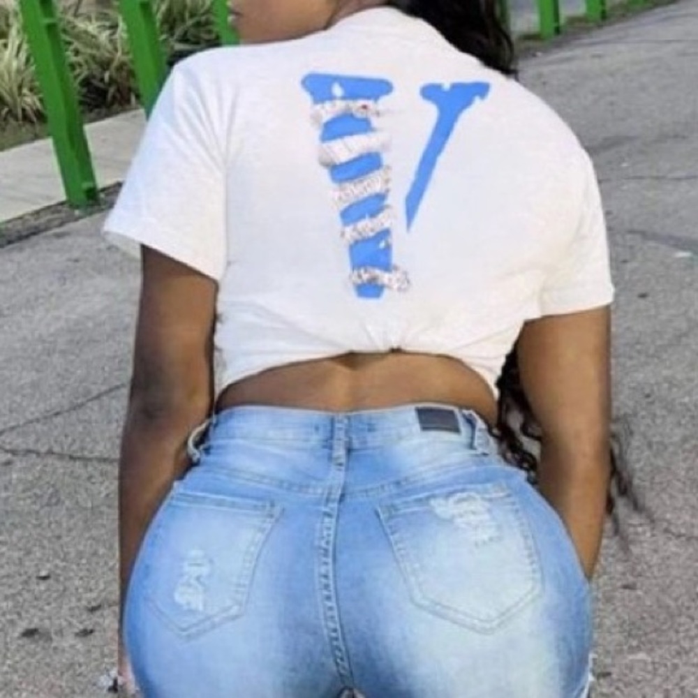 Blue V W/A White Snake Wrapped Around The V On A White Short Sleeve Top